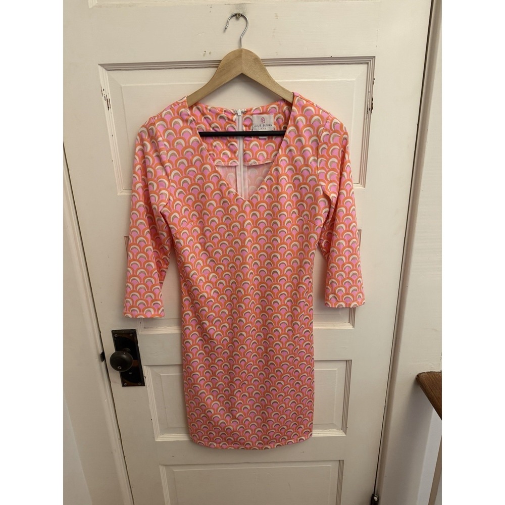 Julie Brown NYC Pink Gold Print Stretchy V-neck Aline Dress 3/4 Sleeves Small